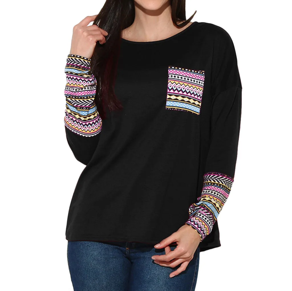 feitong 2018 High Quality T Shirt Women's Patchwork Casual Loose T-shirts Women's Clothing T-shirt Tops With Thumb Holes