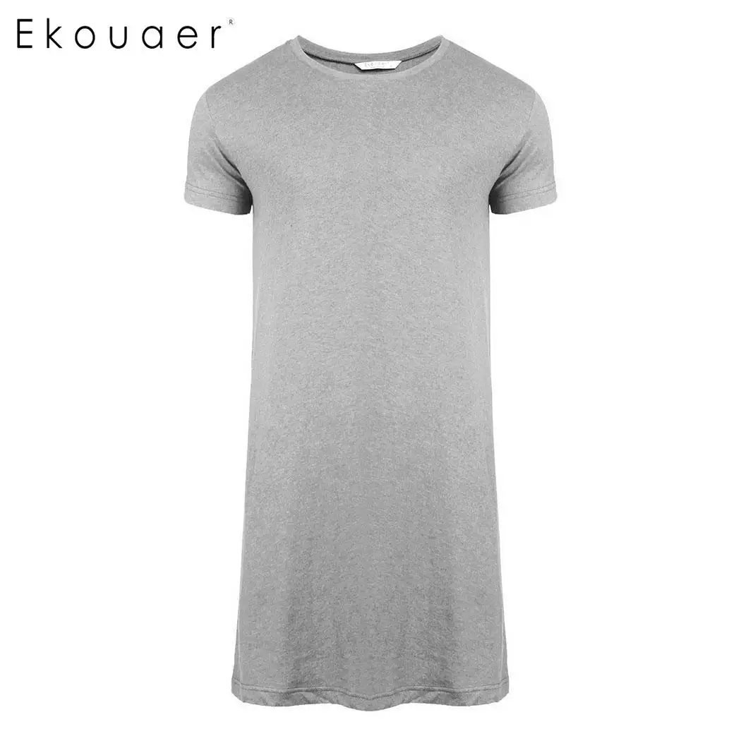 

Ekouaer Shirt Summer Basic Round Neck Sleeve Solid Long Sleep Men Sleepwear