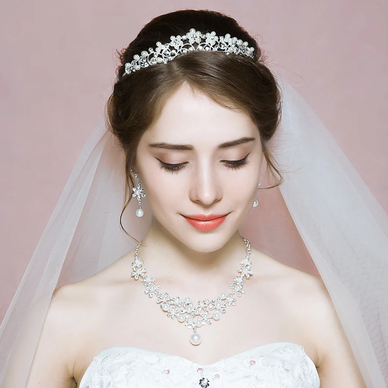 

Fashion Princess Crown Pearl Wedding Jewelry Sets Women Tiara Necklace Earrings Bridal Accessoires Choker for Party Engagement
