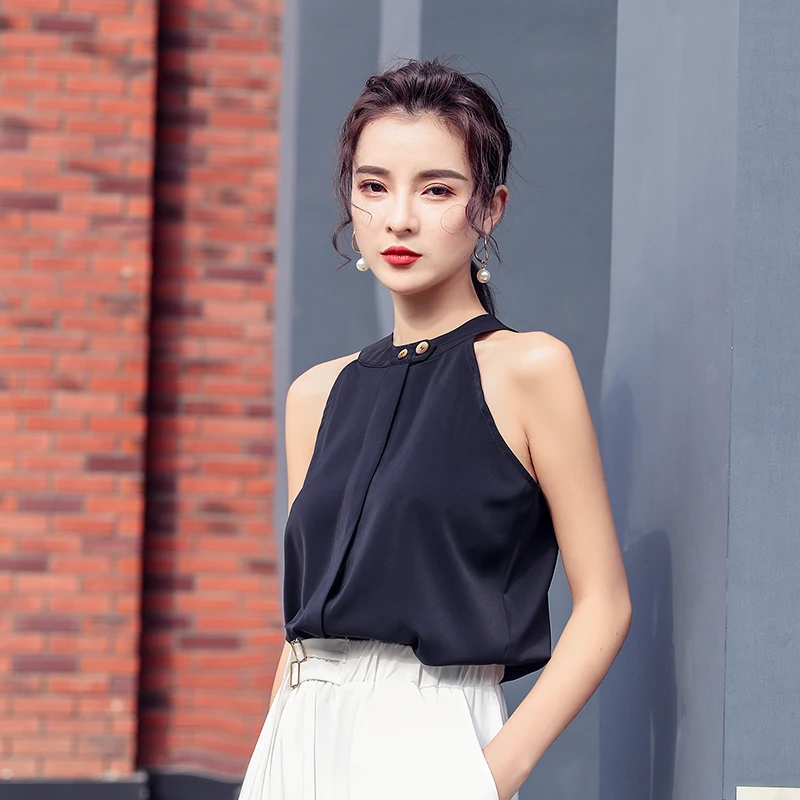 

Korean Fashion Chiffon Women Blouses Halter Sleeveless White Women Shirts Plus Size Ladies Tops Blusas Femininas Elegante