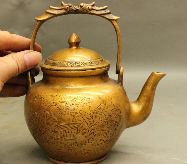 

Chinese Bronze Technics Tree People Boat Statue Dragon Handle Teapots Wine Pot