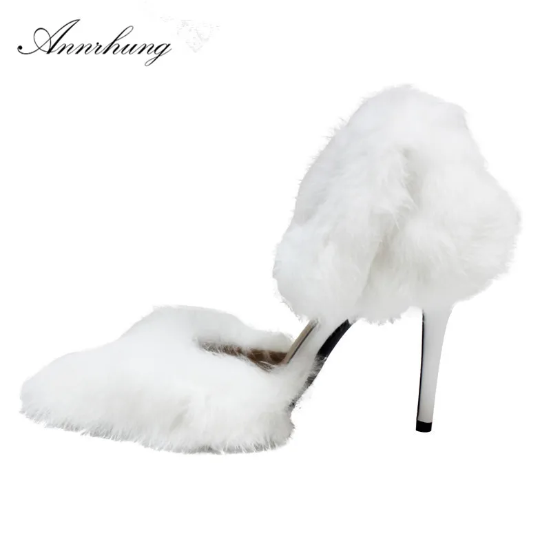 

New Arrival Spring White Fur Runway Sandals Women Thin High Heels Point Toes Wool Hook Loop Stage Sandalias For Woman