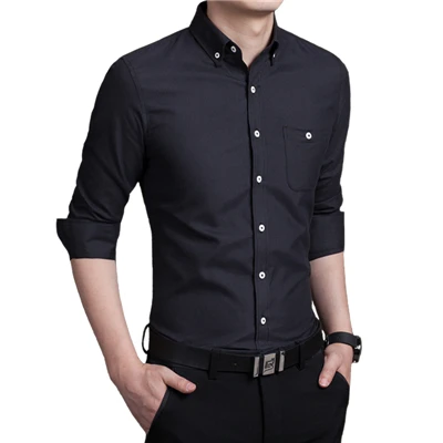 Мужская рубашка с длинными рукавами, Азиатские размеры s-5XL, однотонная мужская рубашка, 7 цветов на выбор, мужская рубашка из ткани Оксфорд - Цвет: Черный