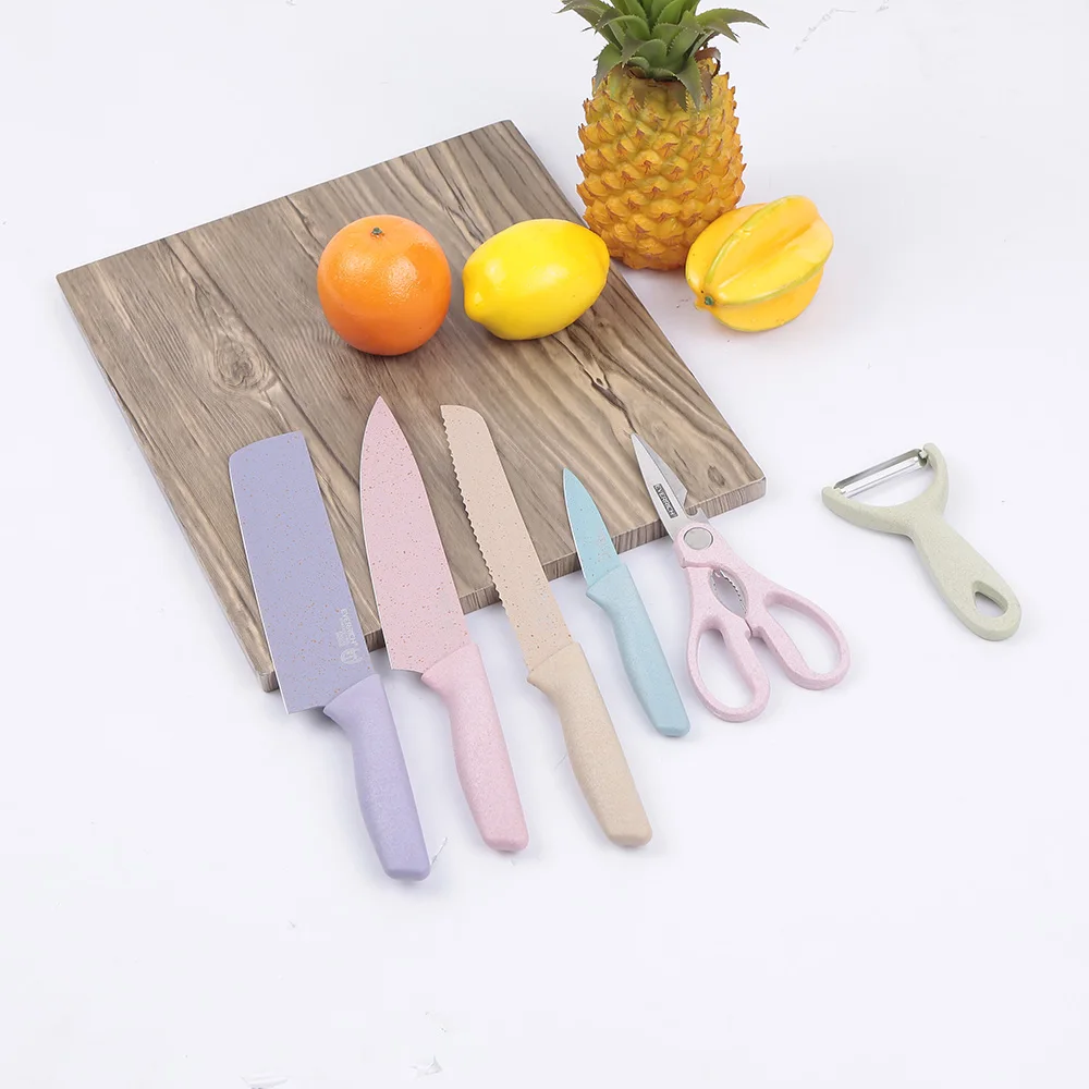 

High Quality 6 Pcs Stainless Steel Knife Kitchen Knife Set Peeler scissors Tools Utility Santoku Slicing Bread Cooking Knife