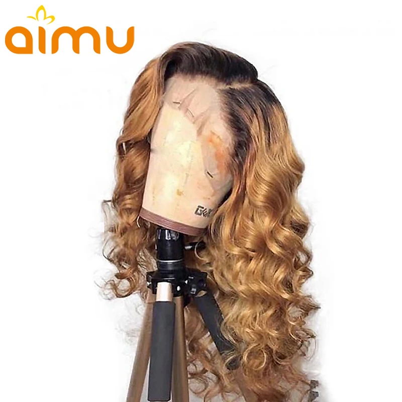 Aimu Омбре мёда блонд цвет волна воды 360 синтетический фронтальный настоящие человеческие волосы парик 18 ''для черных женщин Remy бразильский Невидимый