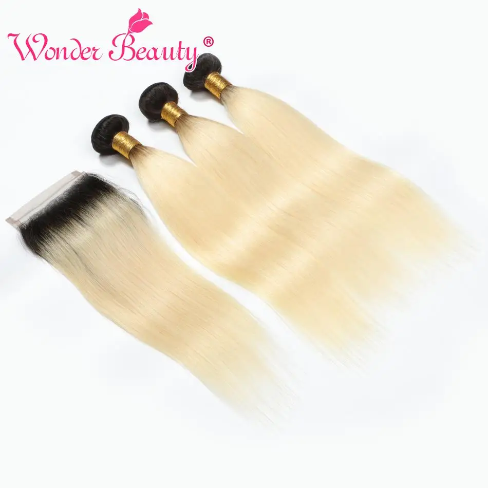 

Wonder Beauty 3Bundles with Closure 2Tone Dark Roots 1B/613 Ombre Blonde Peruvian Straight Remy Human Hair Bundles with Closure