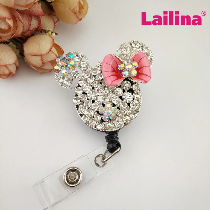 

10pcs Hot Sale Multicolor Minnie Mouse Head Shape ID Badge Holder Rhinestone Crystal School Student ID Card Badge Holder