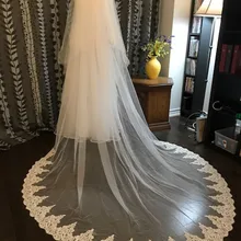 Белый цвет слоновой кости 8" Wx120"(3 м) Соборная Вуаль Длинный кружевной край 2 слоя Фата невесты с гребнем Свадебные аксессуары с гребнем