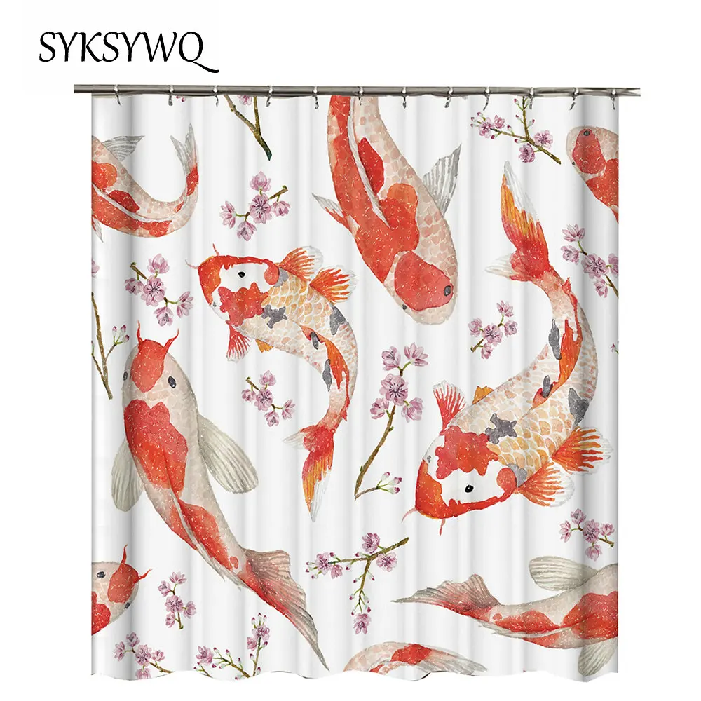 

Koi Fish Shower Curtain Red Rideau Douche Fish Flower Curtains For Bathroom Shower Purple Flower Bathroom Curtain Waterproof