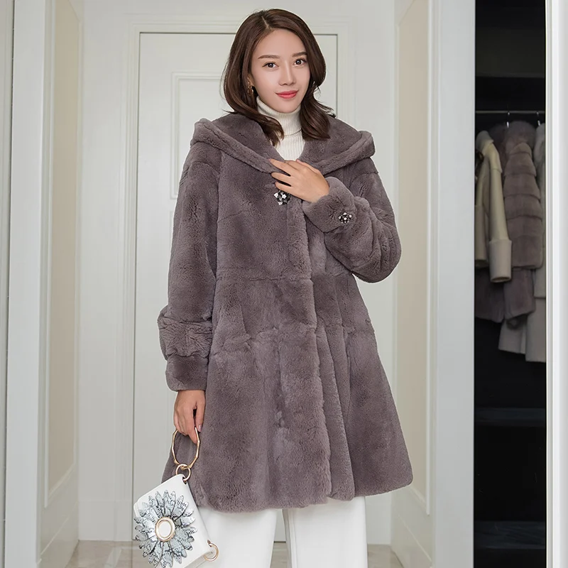 Loose fit hooded natural rex rabbit fur coats outerwear women A line crystal stone big bottom hem real fur jackets winter