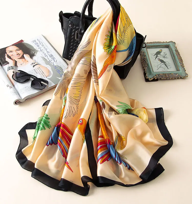 Роскошный брендовый летний женский шарф Горячие женские шелковые шарфы с принтом мягкие шали из фуляра женские длинные Размеры банданы хиджаб - Цвет: beige bird