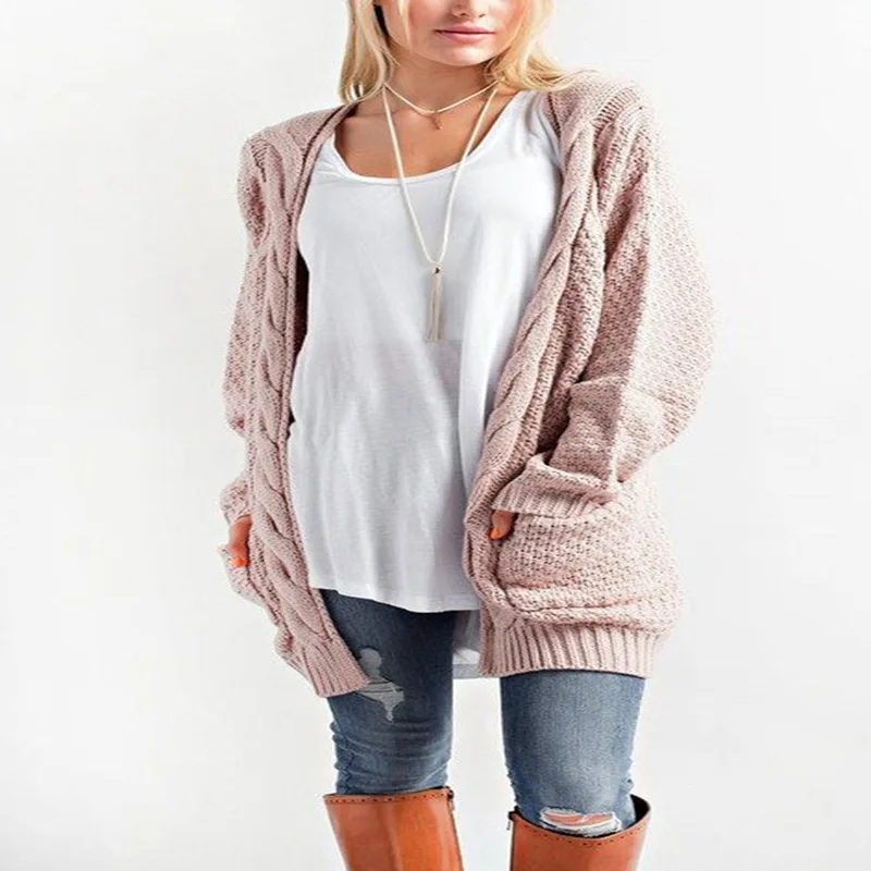 

2019 Spring And Autumn New Products Long Paragraph Large Size Solid Color Pocket Sweater Ladies Twist Knit Cardigan