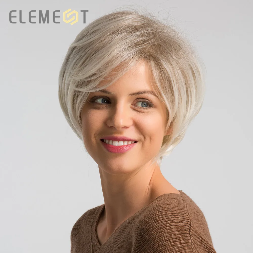 

ELEMENT 6 Inch Short Synthetic Wig for Women Left Side Parting Ombre Gray to White High Temperature Replacement Hair Wigs