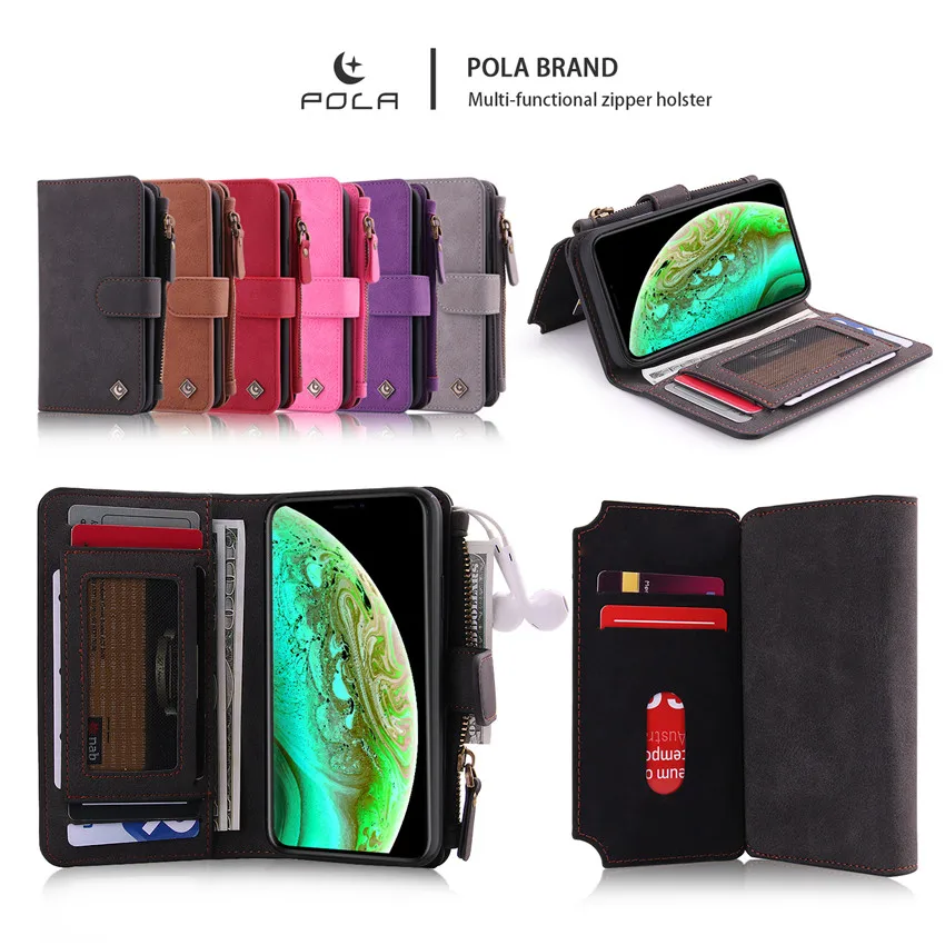 

Luxury Multifunction Magnetic Zipper Built-in Card Slots Leather Wallet Case Cover for Apple Iphone X Xr Xs Max 6 6s 7 8 Plus 10