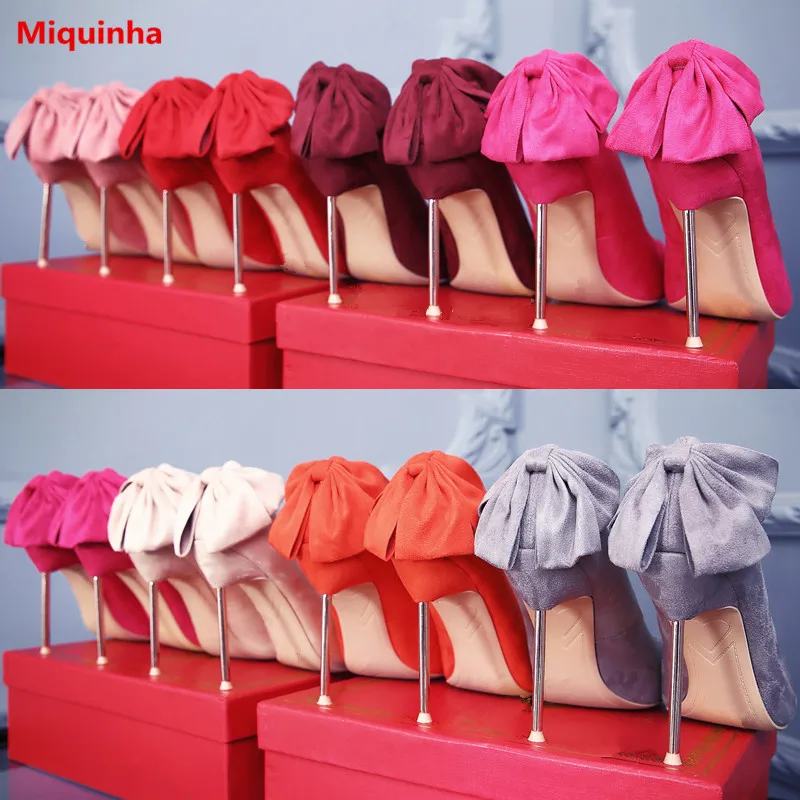 

Miquinha New Butterfly-knot Metal High Heel Slip On Pointed Toe Women Elegant Pumps Thin Heel Flock Women Party Wedding Pumps
