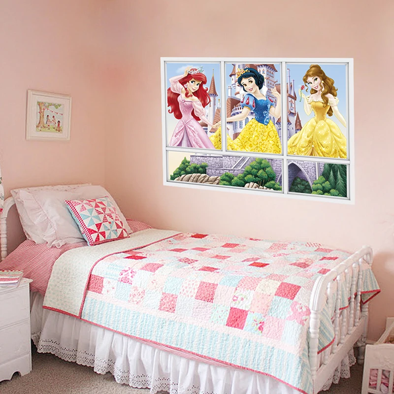 Disney Cartoon Snow White Princess 3D Window Wall Stickers For Home Decor Kids Rooms PVC Decoration Mural Art adesivo de parede