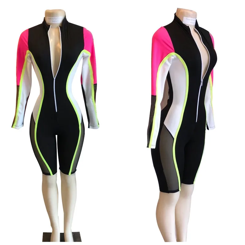 New S-3XL Color Patchwork Sheer Mesh Bandage Jumpsuit Women Sexy Zipper V Neck Long Sleeve Shorts Romper Night Club Playsuit New S-3XL Color Patchwork Sheer Mesh Bandage Jumpsuit Women Sexy Zipper V Neck Long Sleeve Shorts Romper Night Club Playsuit