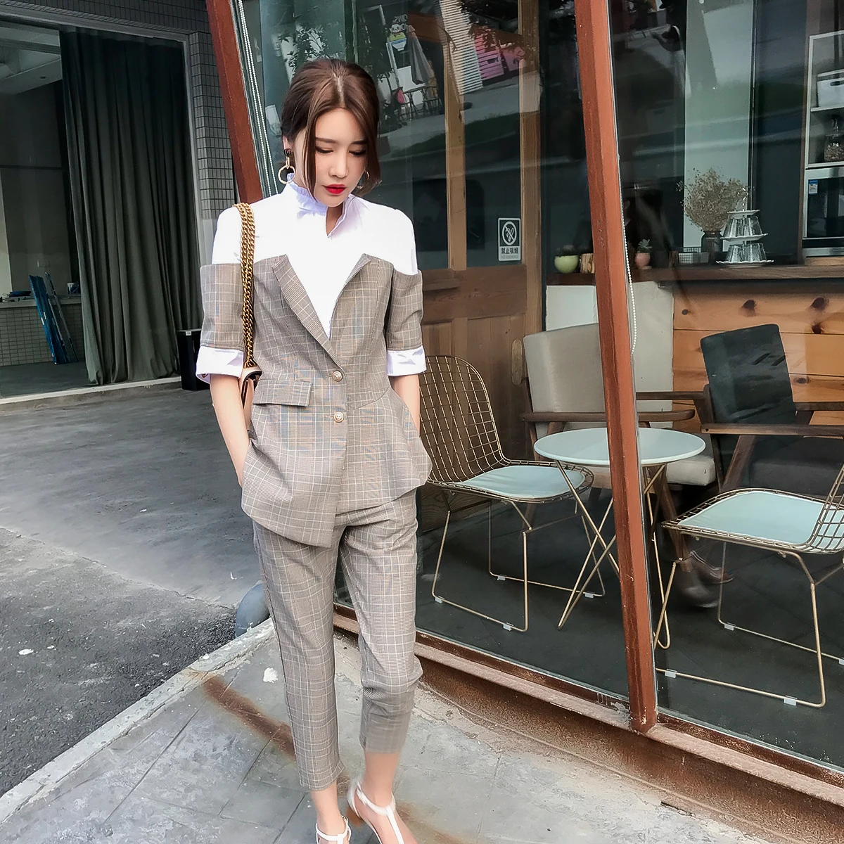 Yuxinfeng New Spring Autumn Women Blazer Pants Suit Sexy Fashion Plaid Patchwork Work Trousers Suit Set 2 pieces Outfits