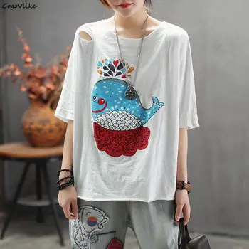

Women Cotton Tops Shirts 4 Colors Vintage Holes Cartoon Tshirt Female Casual Designer Clothes Tee Shirts plus size LT028SS50