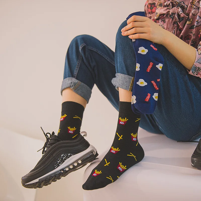 Новые носки для мужчин и женщин с рисунком жареных яиц, чипсов, бананов, жареных яиц, счастливый носок, Harajuku платье, дизайнерский бренд, коньки, забавные