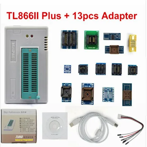 TL866II плюс универсальный Minipro программист+ 12 адаптеров+ тестовый зажим+ адаптер 1,8 в TL866 AVR PIC программист скорости биоса - Цвет: TL866 II PLUS 13pcs