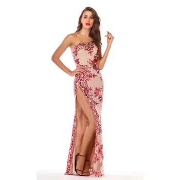 

Luxury Sexy One Shoulder Mesh Sequins Women Long Dress 2019 Knitted Bodycon Party Dress
