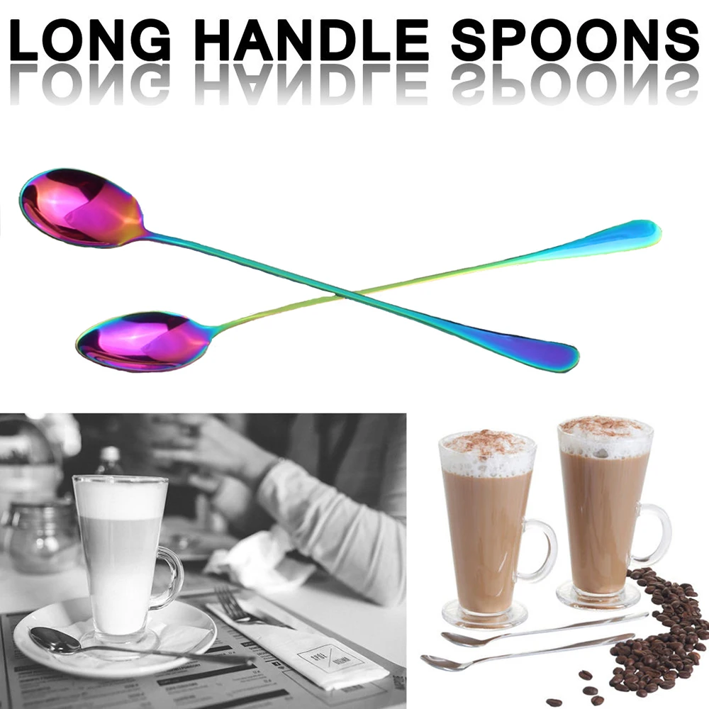 

Colorful Stainless Steel Long Handle Ice Cream Coffee Spoon Tableware NEW Craft 2 Styles Gifts Tool
