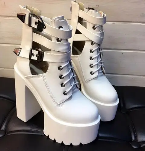 

White Black Leather Riding Boots Women Cut-out Lace-up Strap Buckle Shoes 15 cm High Platform Gladiator Sandal Boots