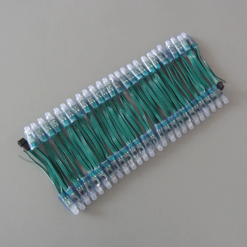 

All GREEN wire(20AWG) addressable DC5V 12mm through hole WS2811 led smart pixel node,IP68 rated;50pcs per strand
