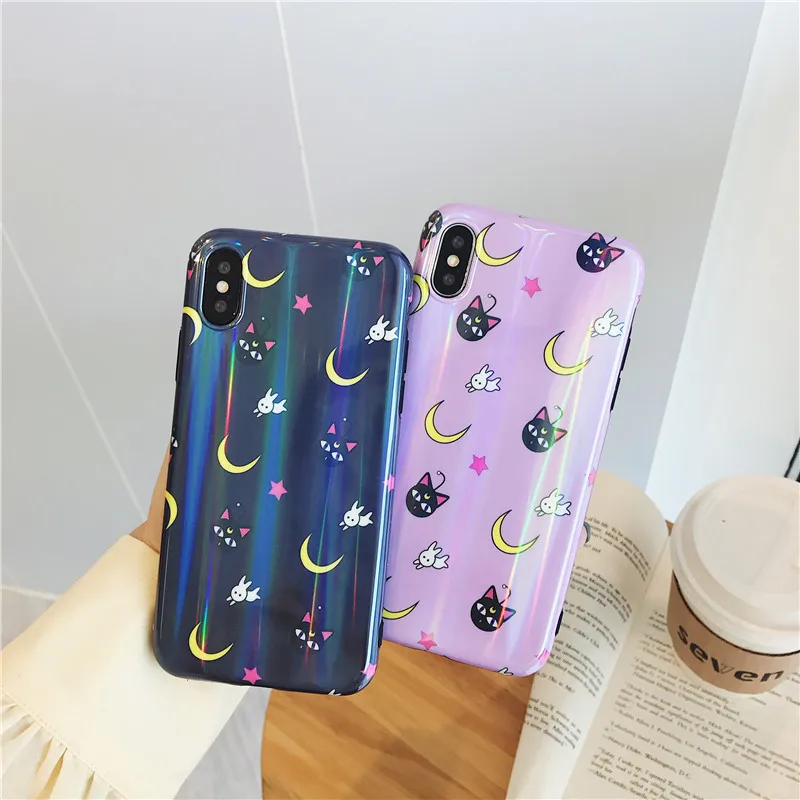 

Laser Blu-ray Luna cat Phone Case For iphone X XS Case For iphone 6 6S 7 8 Plus Cases Fashion Lovely Cartoon Sailor Moon Cover