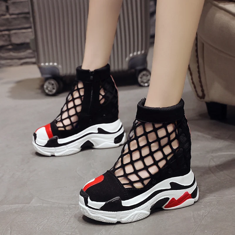 

Women Platform Wedge Hollow Sneaker High Heel High Top Mesh Net Sandals Pumps Summer Breathable Casual Creepers 12CM A106