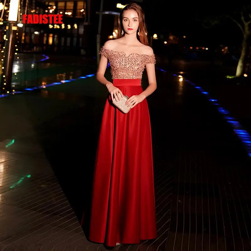 

FADISTEE New arrival modern party dress evening dresses prom lace A-line boat neck elegant bling sequins zipper 2019 satin