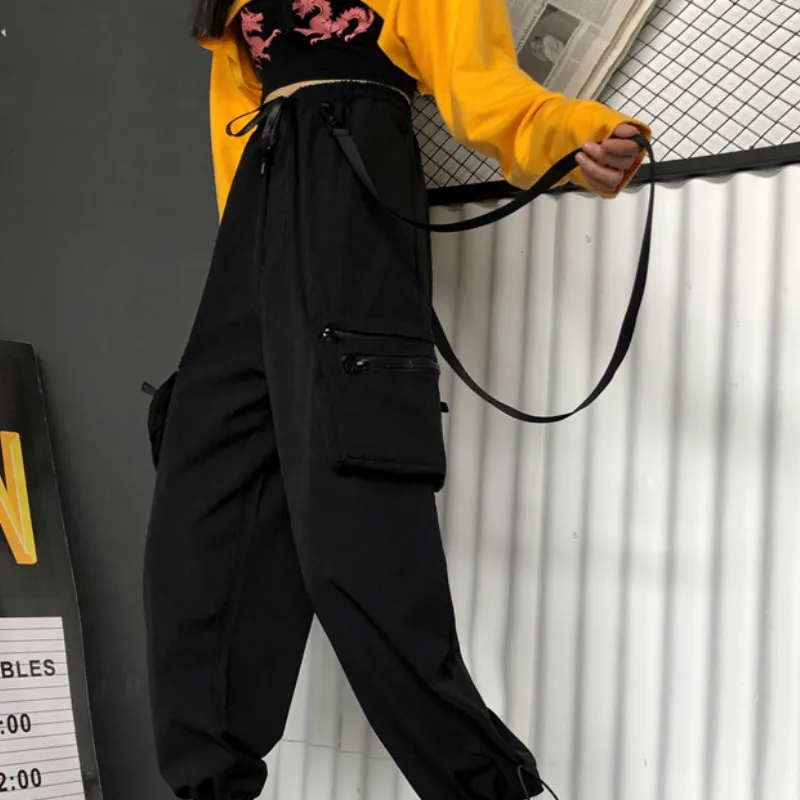 Neploe черного цвета с эластичной резинкой на талии женские брюки-карго с накладным карманом уличная одежда свободного кроя, штаны-шаровары в стиле хип-хоп Харадзюку Для женщин брюки