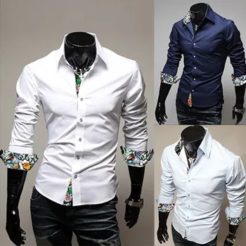 

Brand New Men's Casual Shirt Social Solid Color Floral Details Shirt Full Sleeve Turn Down Collar