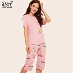 Dotfashion Розовый фламинго письмо цветочный принт пижамный комплект 2019 летние пижамы для женщин Повседневное короткий рукав дамы пижам