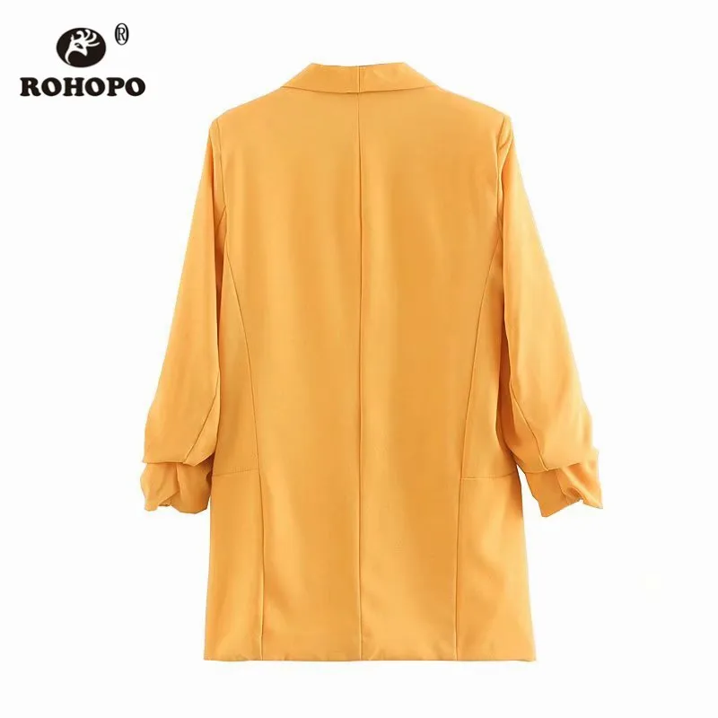 ROHOPO EU Size Women Chic Blazer Draped Cuff Office Ladies Solid Yellow Straight Casual Outwear Baggy Side Pocket Blazers #UZ920