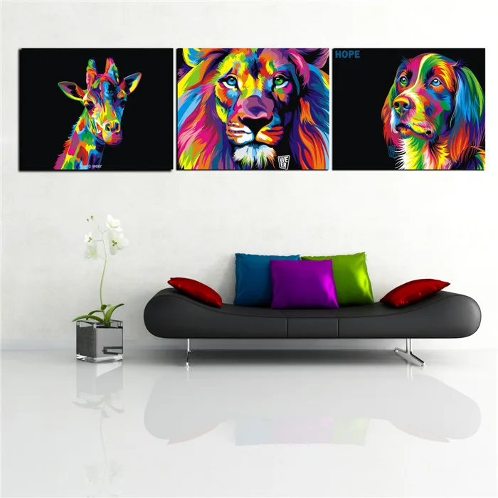3 Panels Colorful Animal Lion King Canvas Painting Wall Pictures For