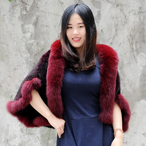 CX-B-M-41A новейший модный женский Зимний натуральный норковый меховой плащ шаль и палантин с бренд Fox Fur Trim - Цвет: Wine red