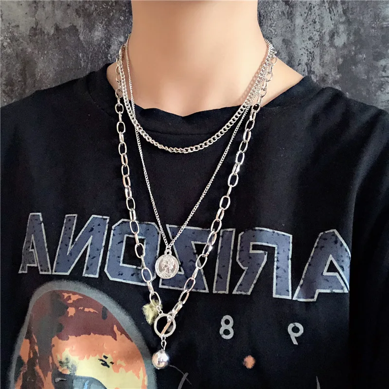 

FXCUBE 2019 Fashion Personality Hip Hop Jewelry Long Multi Layer Portrait Ball Necklace New Metal Clavicle Chain Female Holiday