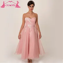 Cheap Tea-Length Bridesmaid Dresses Formal Vestido De Festa De Casamento Sweetheart Lace Applique Chiffon Pleated Back Zipper