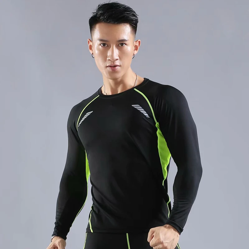 Полосатые компрессионные чулки мужские фитнес-бег с длинным рукавом дышащая Спортивная футболка спортивная футболка Джерси футболка - Цвет: 730-Green