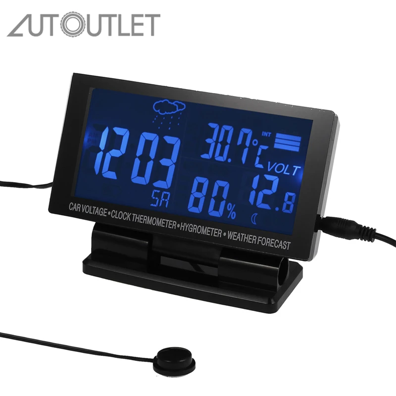 AUTOUTLET 12V Digital Clock Car Weather Forecast F/C Thermometer Hygrometer Voltage Alarm LCD Clock Car Vehicle Trunk