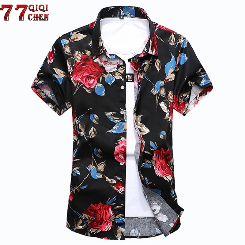 Большие размеры M-7XL летняя модная Цветочная Мужская футболка с принтом Повседневная приталенная рубашка с коротким рукавом мужская одежда цветочные рубашки hombre