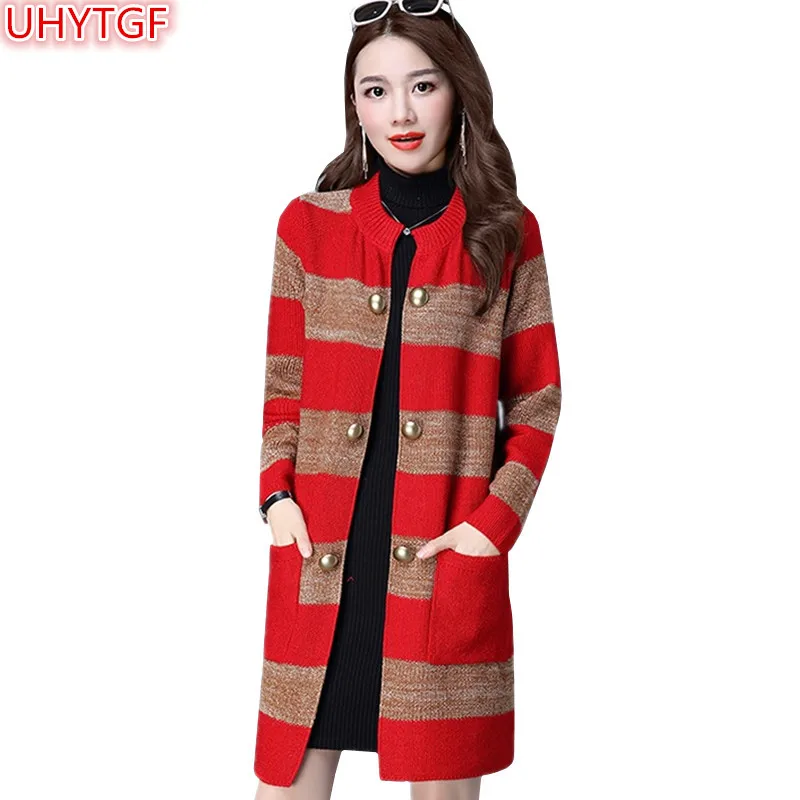 

UHYTGF Knit Sweater Women Tops Spring Autumn Coat Women Clothing long cardigan Jacket Double-breasted Knitted Sweater Coats 994
