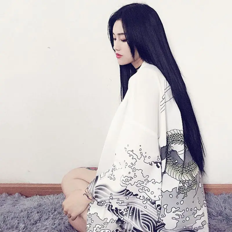 Fashion font b Coat b font Japanese Harajuku Style Waves Wind Dragon Japanese Kimono Print Chiffon