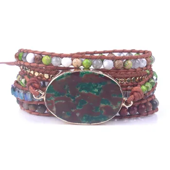 

New design 5X Leather wrap bracelet Natural stone jaspers crystal Unique Boho Wrap Bracelet for women Handmade