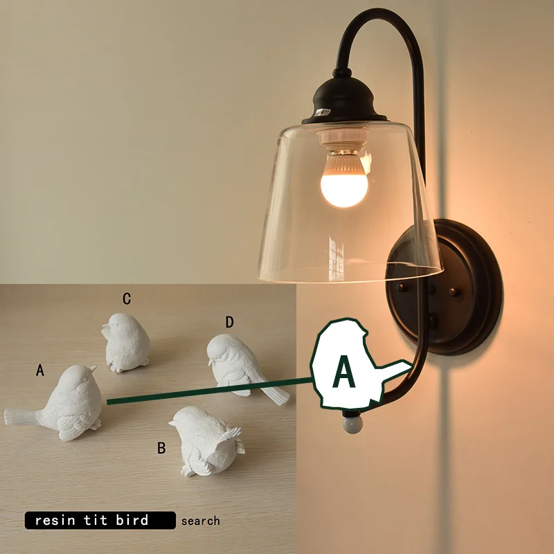 Простой современный настенный светильник для спальни, четыре позы птичьей смолы, окружающий прикроватный светильник, прозрачный стеклянный абажур Белый железный светильник