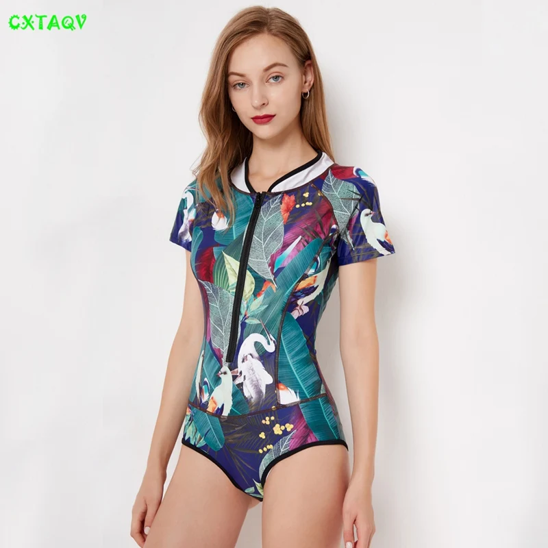 Donna печать Rashguard Цветочные цельные купальники с короткими рукавами на молнии спереди для серфинга дайвинга пляжный купальный костюм женские купальные костюмы