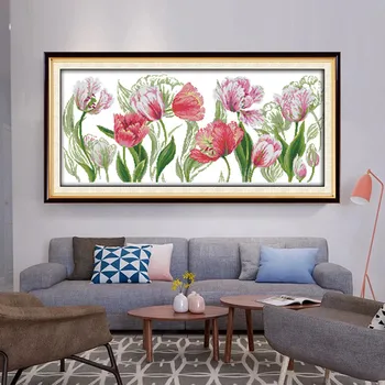 

Spring tulips Cross Stitch Kits Printed pattern canvas Flower Chinese Embroidery Needlework set Cross-stitch DMC Home Decoration