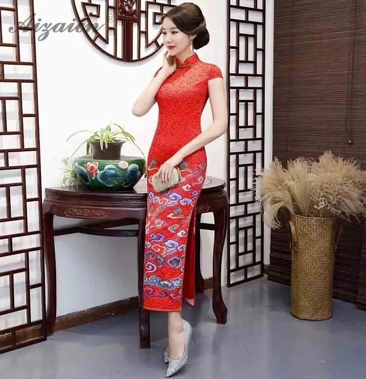 2019 Новые Красные Длинные Cheongsam современный похожие Шелковый Ци Пао Для женщин китайское традиционное платье Oriental Стиль высокое платье